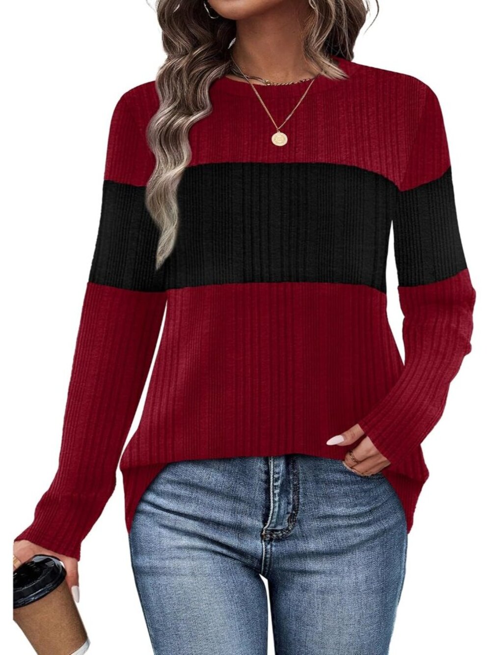 Women's Red Black Long Sleeve Shirt Winter Sweaters Trendy Color Block Tops